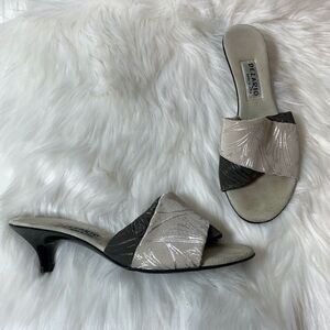 Dezario Kitten Heel Brown/Taupe Fabric Mules Sz 37